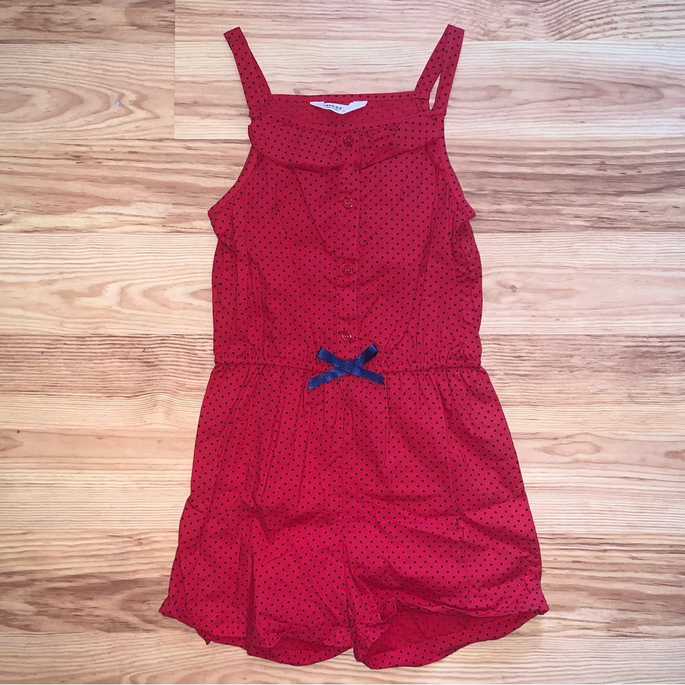 Red polka dot with Navy Accent Bow Beebay jumpsuit/romper